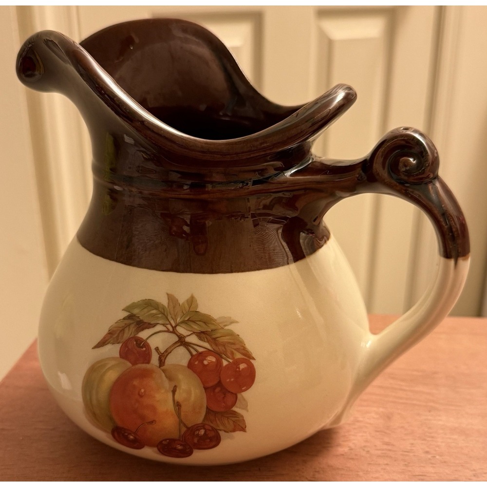 Vintage McCoy USA Pottery PITCHER‎ Fruit Design Brown Cream Apples Cherries